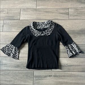 AB Studio Black and White Ruffled Blouse with Bell Sleeves